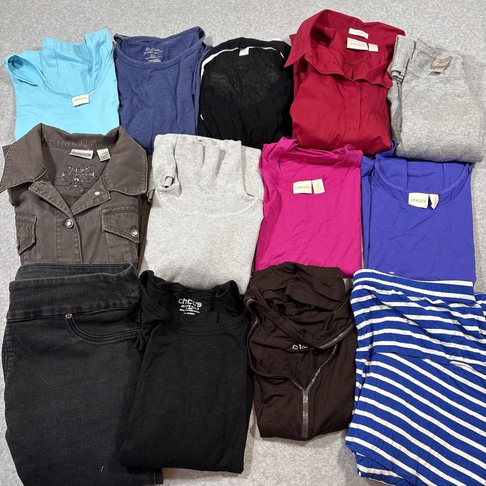 Chico's Mixed Lot of 13 Women's Sz 2 Tops Blouses Tank Tops Pants Artsy Chic